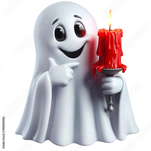 3d cartoon- style of a friendly casper like ghost holding a candle with dripping red wax, smiling and giving a thumbs -up gesture isolated on transparent background, png image. photo