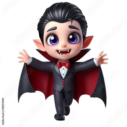 3d cartoon-style vampire or Dracula character isolated on transparent background, png image, halloween celebration..