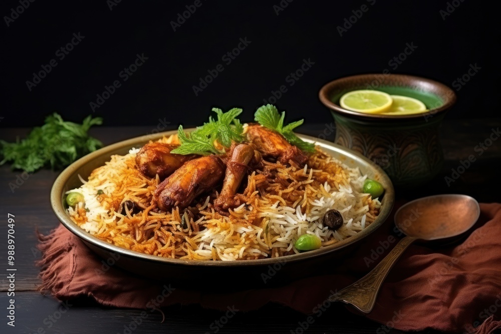 Indian chicken biryani plate table food. Indian chicken biryani plate table food.