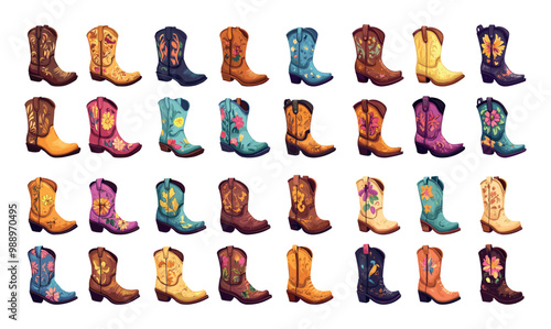 Cowboy boots cartoon vector set. High shoes floral ornaments frontier usa wild west footwear, traditional cattleman american rancher unisex leather accessories, isolated on white background artworks