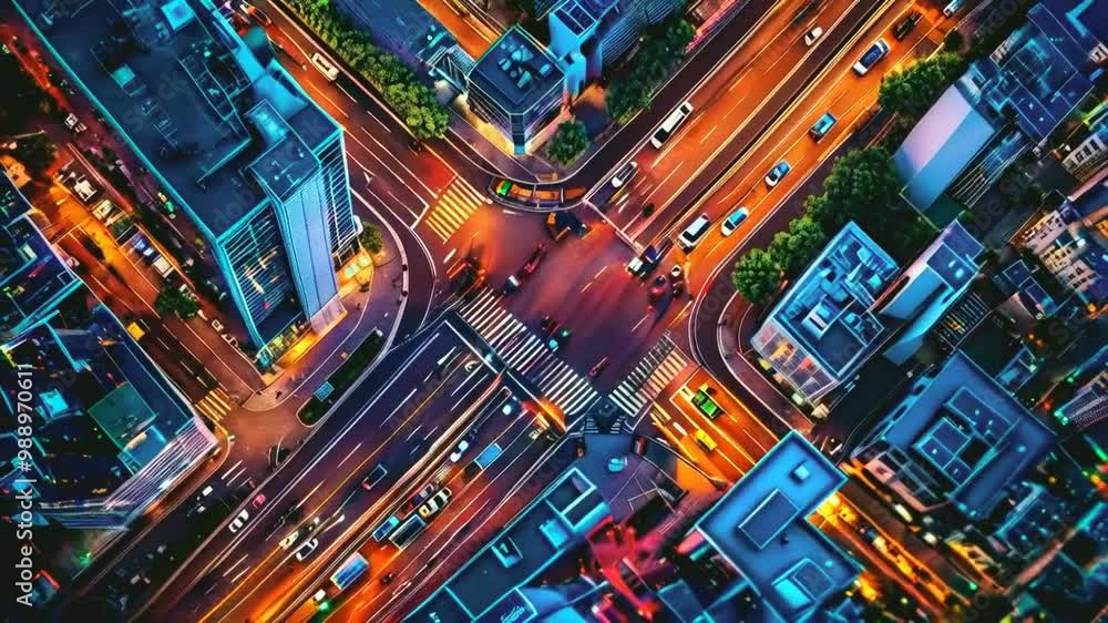 Aerial view of a bustling city intersection with traffic and modern buildings. Aerial view of a bustling city intersection with traffic and modern buildings.