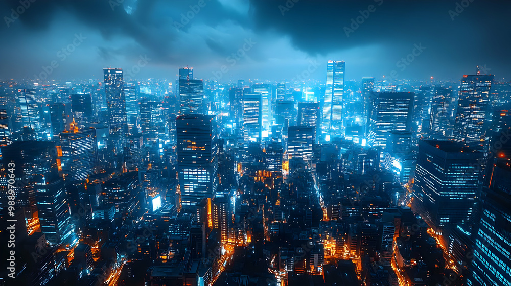Cityscape Night Lights - Aerial View with Skyscrapers Cityscape Night Lights - Aerial View with Skyscrapers