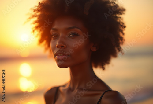 Portrait of an African girl against the backdrop of sunset on the seashore 