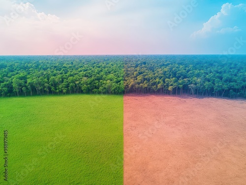 Forest transitioning from lush green to dry desert, illustrating deforestation and environmental degradation photo