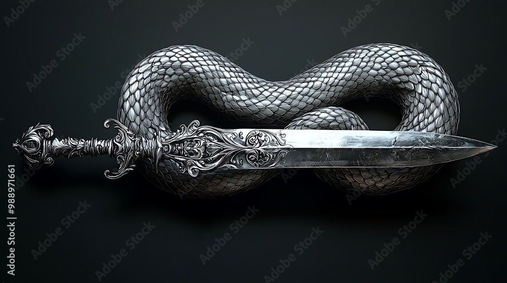 Obraz premium A serpent coiled around a dagger in black and white, sharp and detailed scales on the snake, the blade glinting with shadow effects, symbolizing danger and strength, intricate line work.