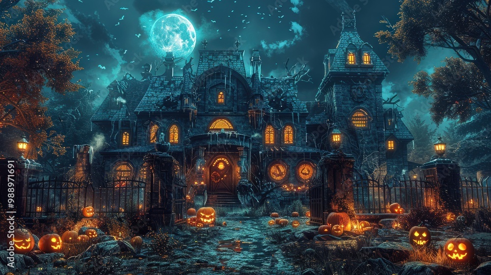 Obraz premium A dark and foreboding mansion stands amidst a yard full of glowing pumpkins under a large, bright moon. Tall, barren trees and wrought-iron fences add to the eerie atmosphere, while the house's glowin