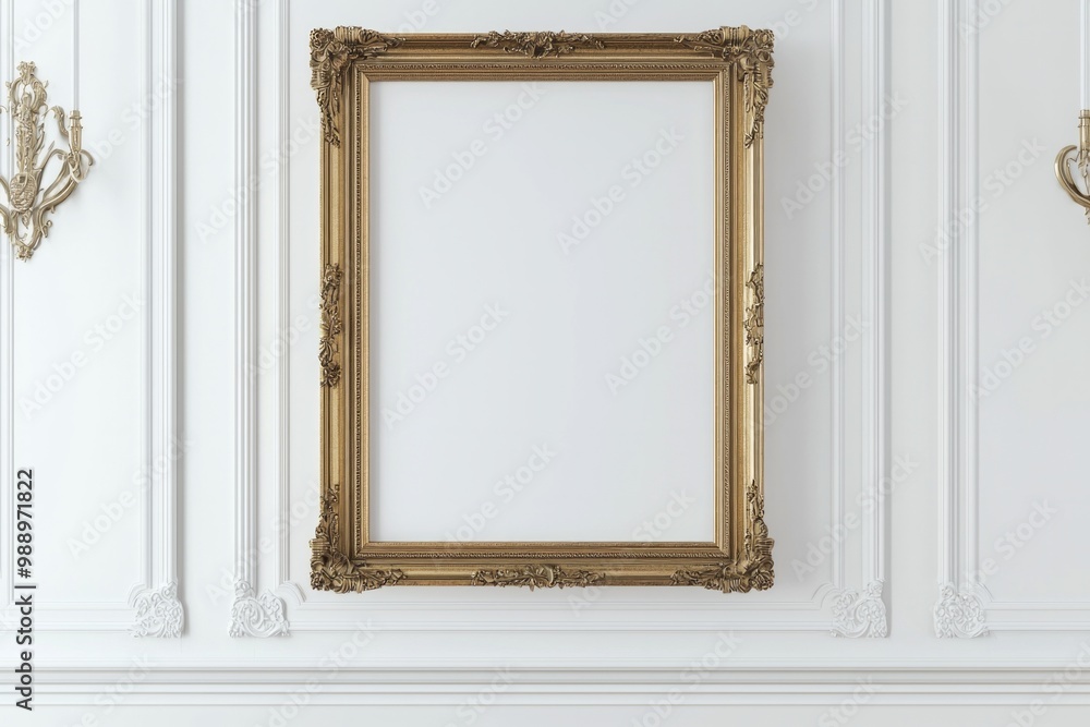 A minimalist white wall background with an ornate gold frame hanging in the center, its interior blank, waiting to be filled. A minimalist white wall background with an ornate gold frame hanging in the center, its interior blank, waiting to be filled.