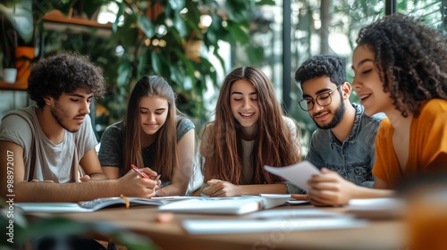 A group of students study together at a cafe.
