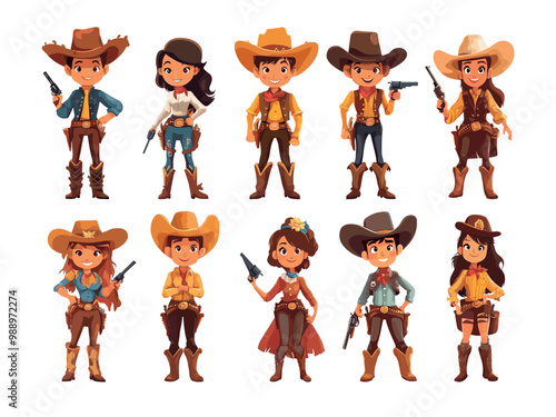 Cowboys cartoon vector set. Pistol hut lasso gun man woman funny cowgirl saloon sheriff bandit marshal wild west western characters, illustrations isolated on white background