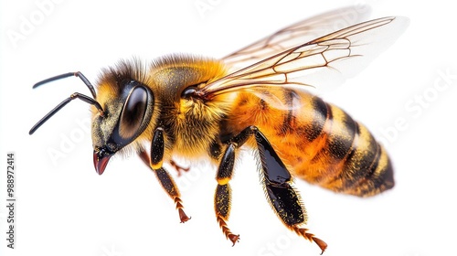 closeup of a honeybee in flight detailed wings and body pollencovered legs isolated on pure white background photo