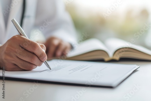 Close-up of a person writing notes with a pen on a paper document in a bright office environment.