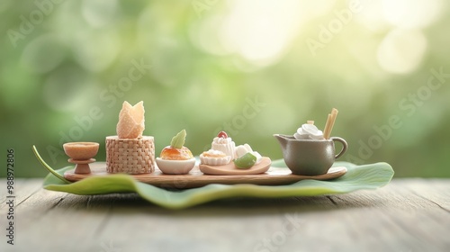 Wallpaper Mural Miniature Thai desserts arranged on a lotus leaf, detailed craftsmanship, traditional setting, Thai dessert, heritage cuisine, artisanal creation Torontodigital.ca