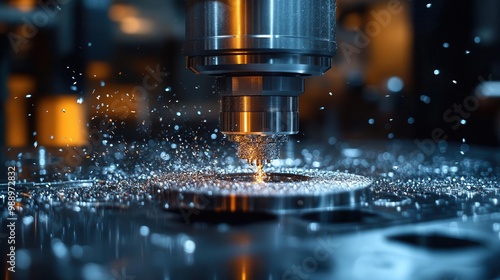 closeup of cnc milling machine in action metal shavings flying precision engineering industrial blue lighting