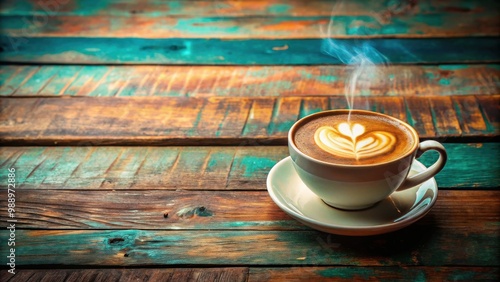 A steaming hot latte coffee on a vintage colored wooden table photo