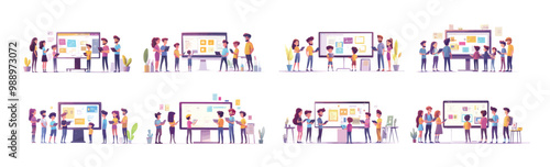 Creativity design team cartoon vector isolated scenes. Big monitor display woman man kids artist collaboration back view group crowd characters, charts bars tablets create projects working together