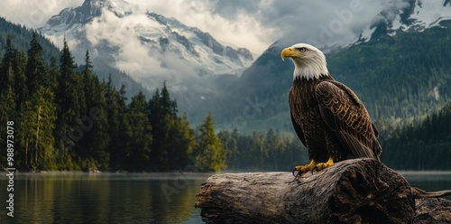 Bald eagle perched on a log.