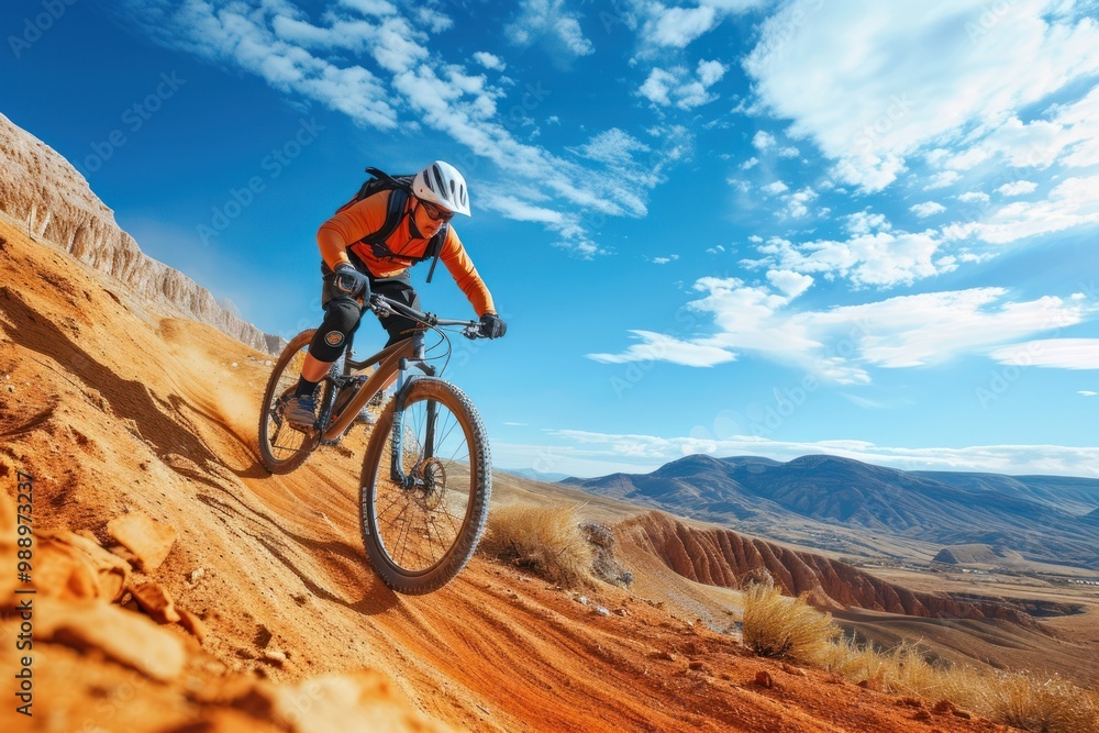 Fototapeta premium Mountain biker cyclist bicycle mountain cycling.