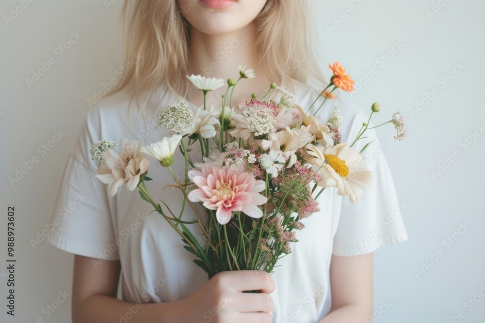 Person holding flowers plant white inflorescence. Person holding flowers plant white inflorescence.