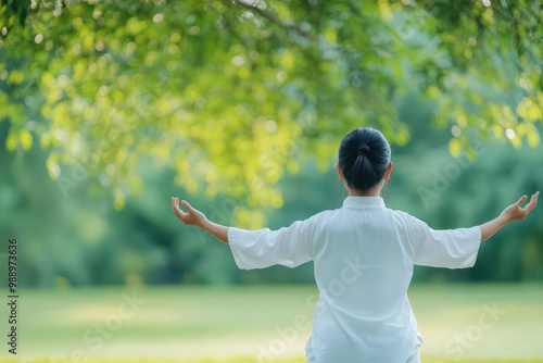 A woman practicing tai chi in the park on a serene Sunday morning, symbolizing peace and mindfulness, Sunday tai chi, healthy life