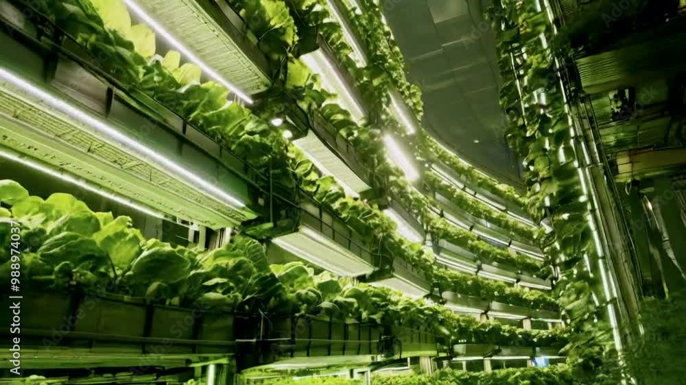 A modern indoor vertical farm with illuminated shelves of vibrant green plants. A modern indoor vertical farm with illuminated shelves of vibrant green plants.