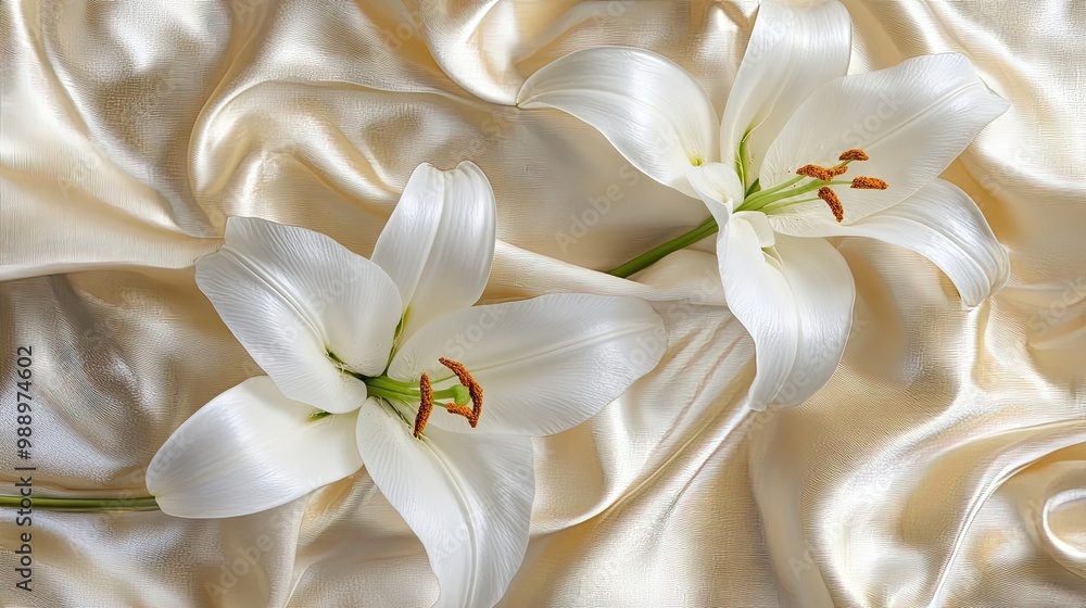 A detailed shot of fresh white lilies resting on a silk background, symbolizing purity, peace, and sophistication. A detailed shot of fresh white lilies resting on a silk background, symbolizing purity, peace, and sophistication.