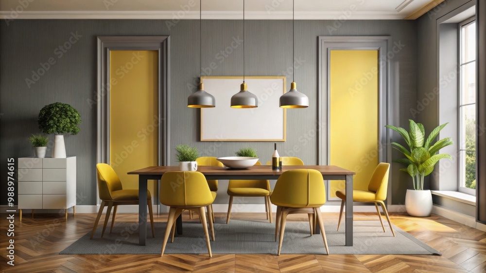 Gray and yellow dining room with modern poster on the wall Gray and yellow dining room with modern poster on the wall