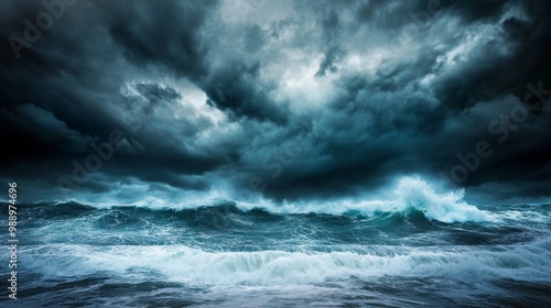 Stormy sea with crashing waves under dark clouds, ocean storm, power of nature in turbulent weather