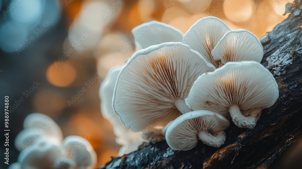 A macro shot of delicate white mushrooms growing on a tree branch, highlighting their intricate textures and the beauty of forest life. A macro shot of delicate white mushrooms growing on a tree branch, highlighting their intricate textures and the beauty of forest life.