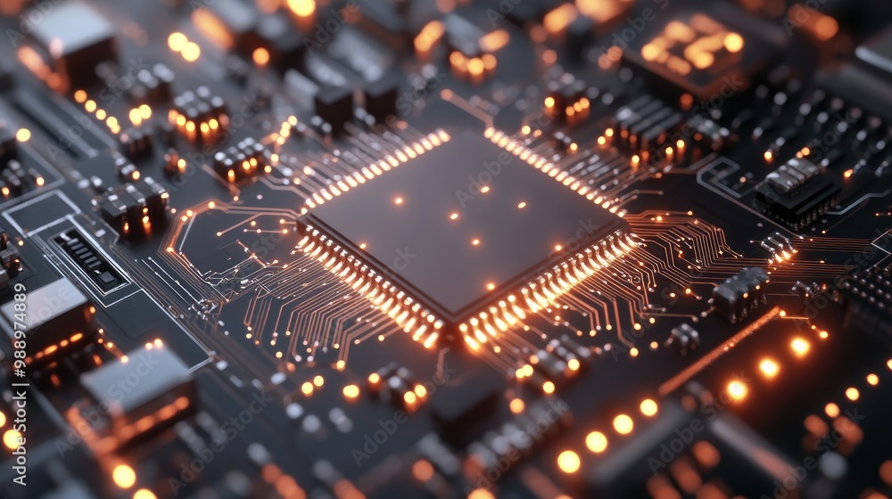 A close-up of a circuit board with a glowing microchip, representing AI at the core of advanced technological devices. A close-up of a circuit board with a glowing microchip, representing AI at the core of advanced technological devices.