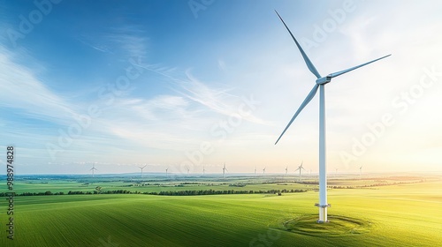 A giant wind farm spread across a green landscape, harnessing renewable energy while birds and animals coexist in the surrounding fields