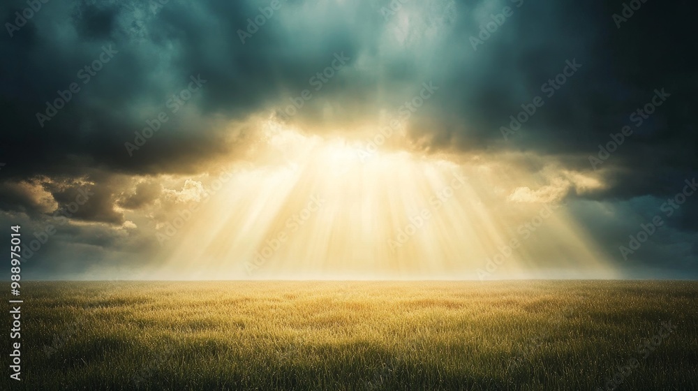 Sun shining through rain clouds creating a prism of colors on a grassy field, sunshine rain, beauty in the unexpected weather Sun shining through rain clouds creating a prism of colors on a grassy field, sunshine rain, beauty in the unexpected weather