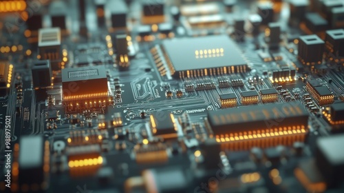 A close-up of a circuit boards electronic components, showcasing microchips, capacitors, and transistors arranged in perfect order.