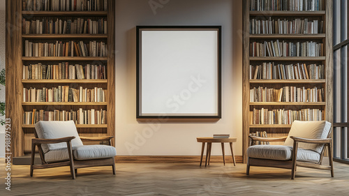 A mockup of an empty black frame on the wall in a modern reading room with armchairs and bookshelves