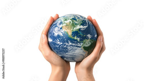 Fototapeta Naklejka Na Ścianę i Meble -  Closeup of hands holding the planet earth globe sphere isolated on transparent background