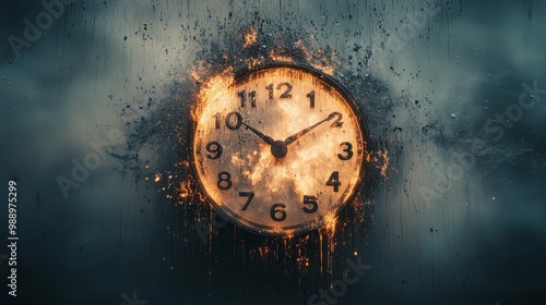 Surreal image of a clock face with glowing numbers melting like wax, surrealism art, melting time glow photo