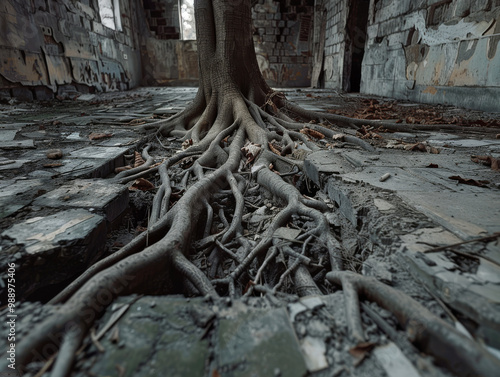  tree roots break through concrete, showcasing natures resilience in an abandoned space.