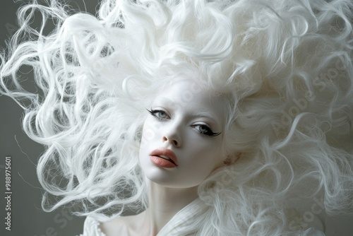 Beautiful albino woman with white curly hair in an elaborate hairstyle.