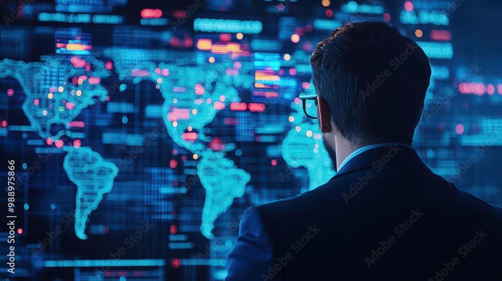 A business leader overlooking a global map with realtime economic data, planning the next market expansion A business leader overlooking a global map with realtime economic data, planning the next market expansion