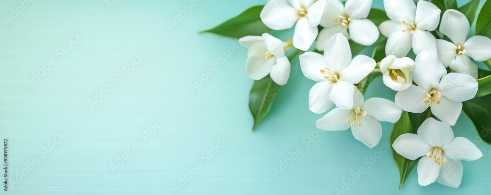 Fototapeta premium Elegant white flowers on a soft turquoise background.