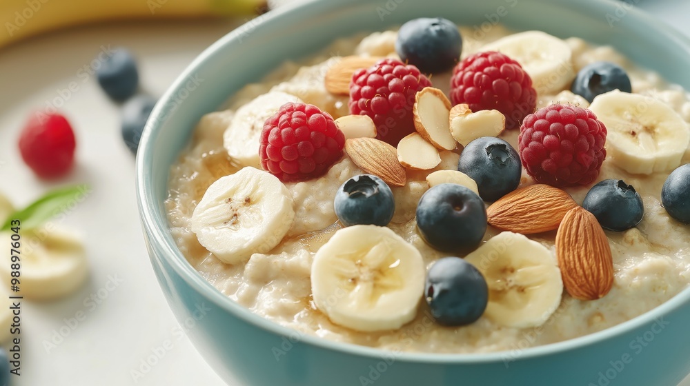 A healthy bowl of oatmeal topped with fresh bananas, blueberries, raspberries, and almonds, offering a nutritious and colorful breakfast. A healthy bowl of oatmeal topped with fresh bananas, blueberries, raspberries, and almonds, offering a nutritious and colorful breakfast.