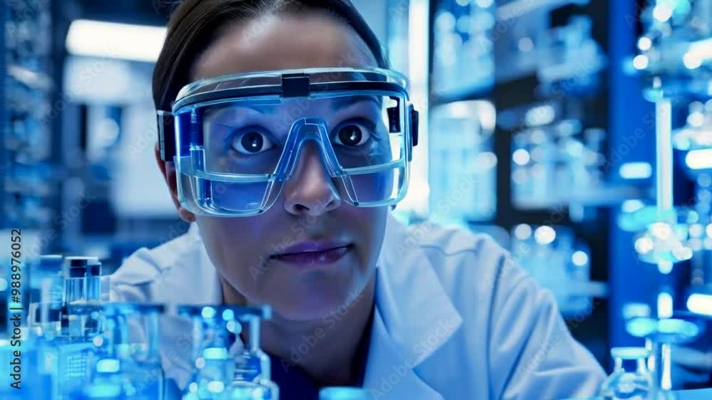 A scientist in a lab wearing protective goggles, examining blue liquids in glass containers. A scientist in a lab wearing protective goggles, examining blue liquids in glass containers.