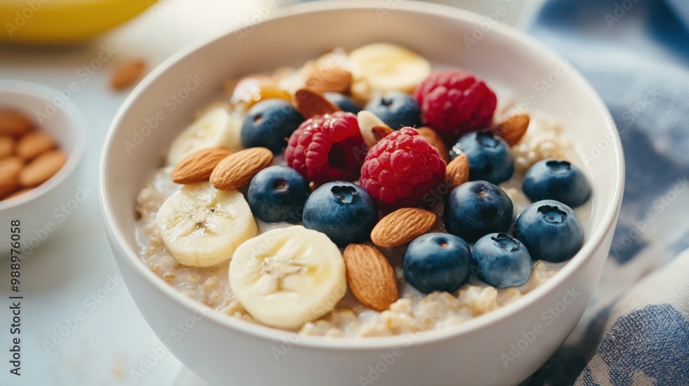 A healthy bowl of oatmeal topped with fresh bananas, blueberries, raspberries, and almonds, offering a nutritious and colorful breakfast. A healthy bowl of oatmeal topped with fresh bananas, blueberries, raspberries, and almonds, offering a nutritious and colorful breakfast.