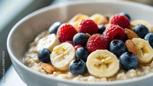 A healthy bowl of oatmeal topped with fresh bananas, blueberries, raspberries, and almonds, offering a nutritious and colorful breakfast.