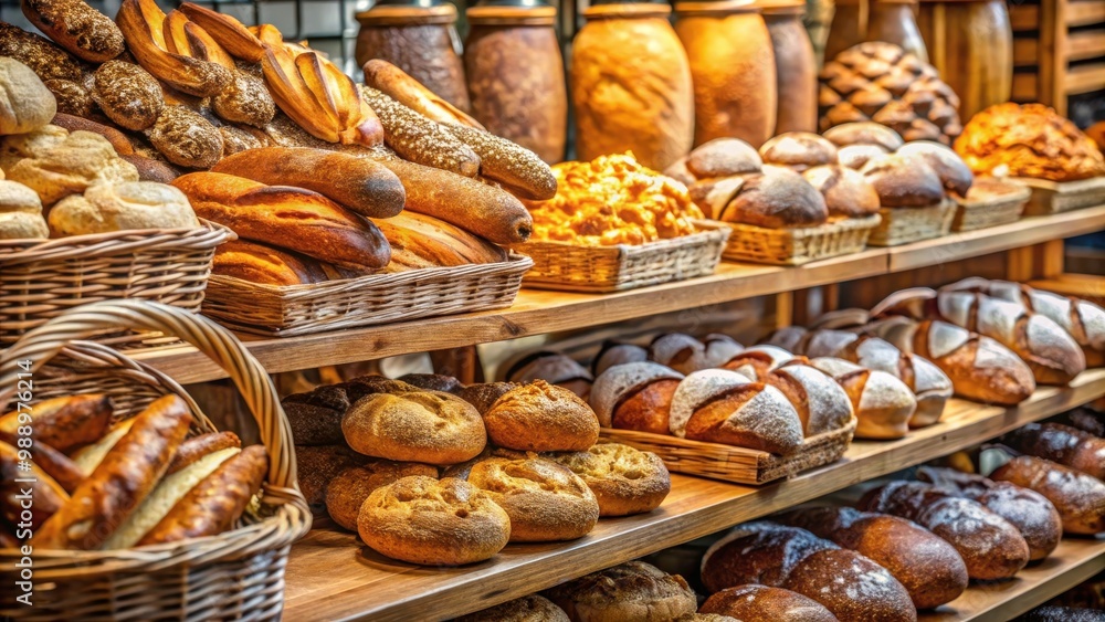 Close-up of various freshly baked bread and pastries in a bakery shop Close-up of various freshly baked bread and pastries in a bakery shop