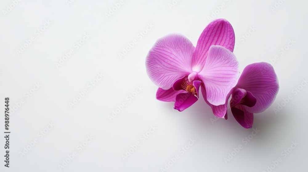 Obraz premium A tropical orchid with bright purple petals, floating against a minimalist white backdrop