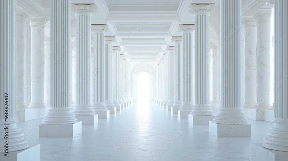 A bright, symmetrical hall featuring rows of classical white marble columns. A bright, symmetrical hall featuring rows of classical white marble columns.