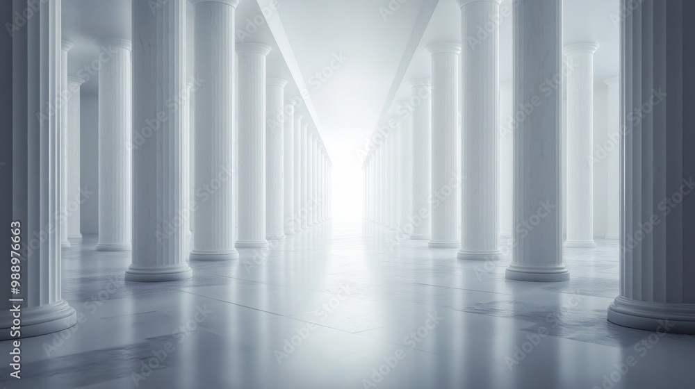 A bright, symmetrical hall featuring rows of classical white marble columns. A bright, symmetrical hall featuring rows of classical white marble columns.