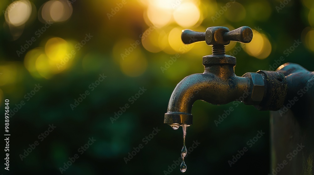 Image of an outdoor water faucet dripping in the soft glow of sunset. Image of an outdoor water faucet dripping in the soft glow of sunset.