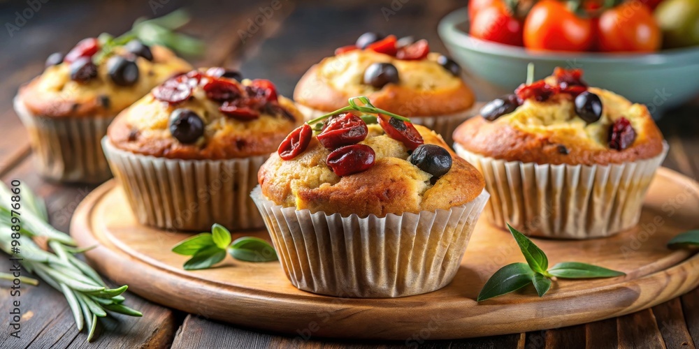 Delicious muffins with a Mediterranean twist, topped with olives and dried tomatoes Delicious muffins with a Mediterranean twist, topped with olives and dried tomatoes