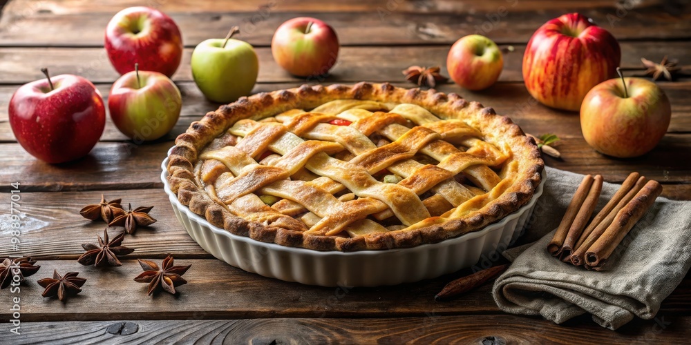 Freshly baked whole apple pie sitting on rustic wooden table top Freshly baked whole apple pie sitting on rustic wooden table top